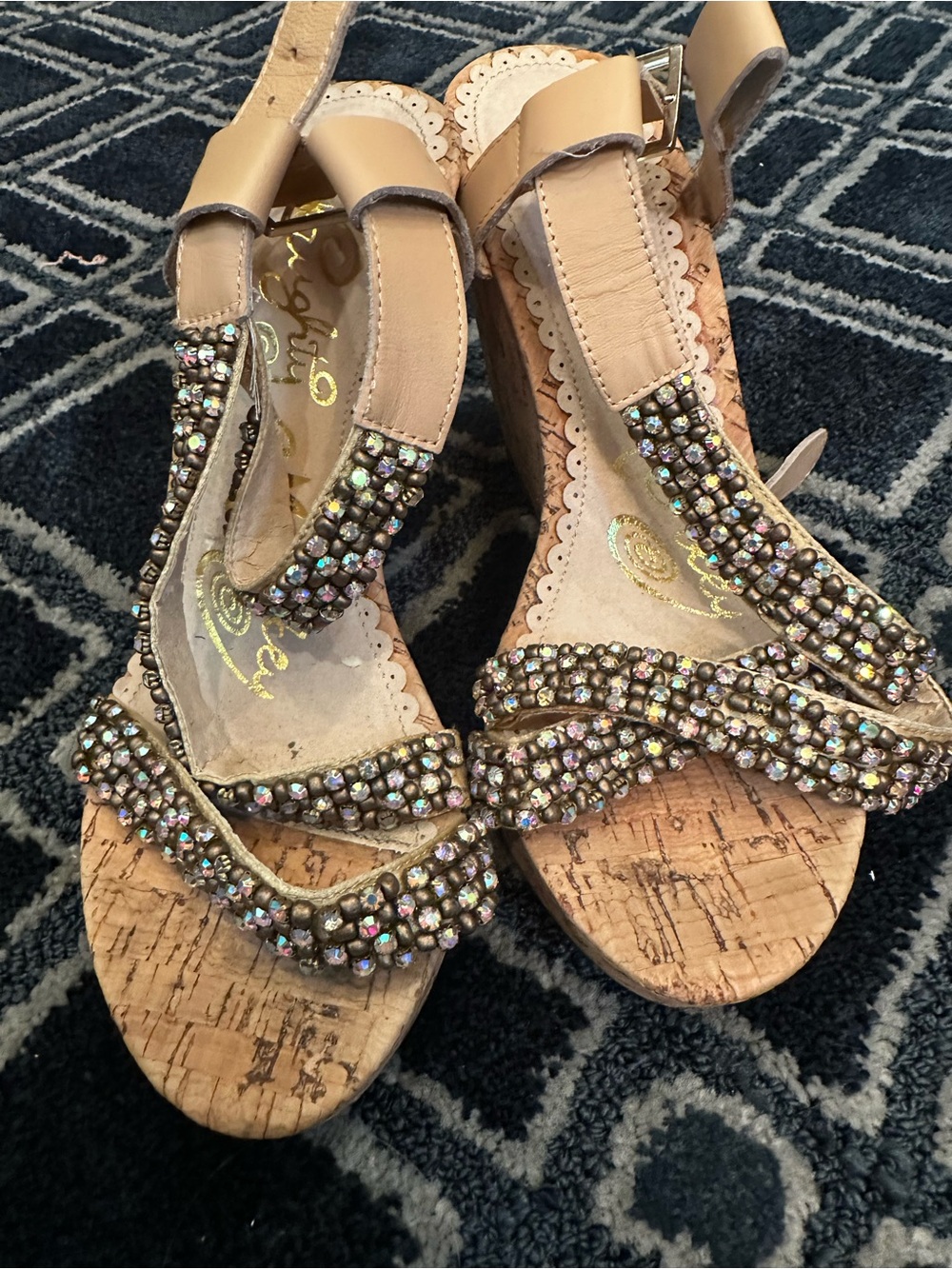 naughty monkey Nude Beaded Cork Wedge Sandals